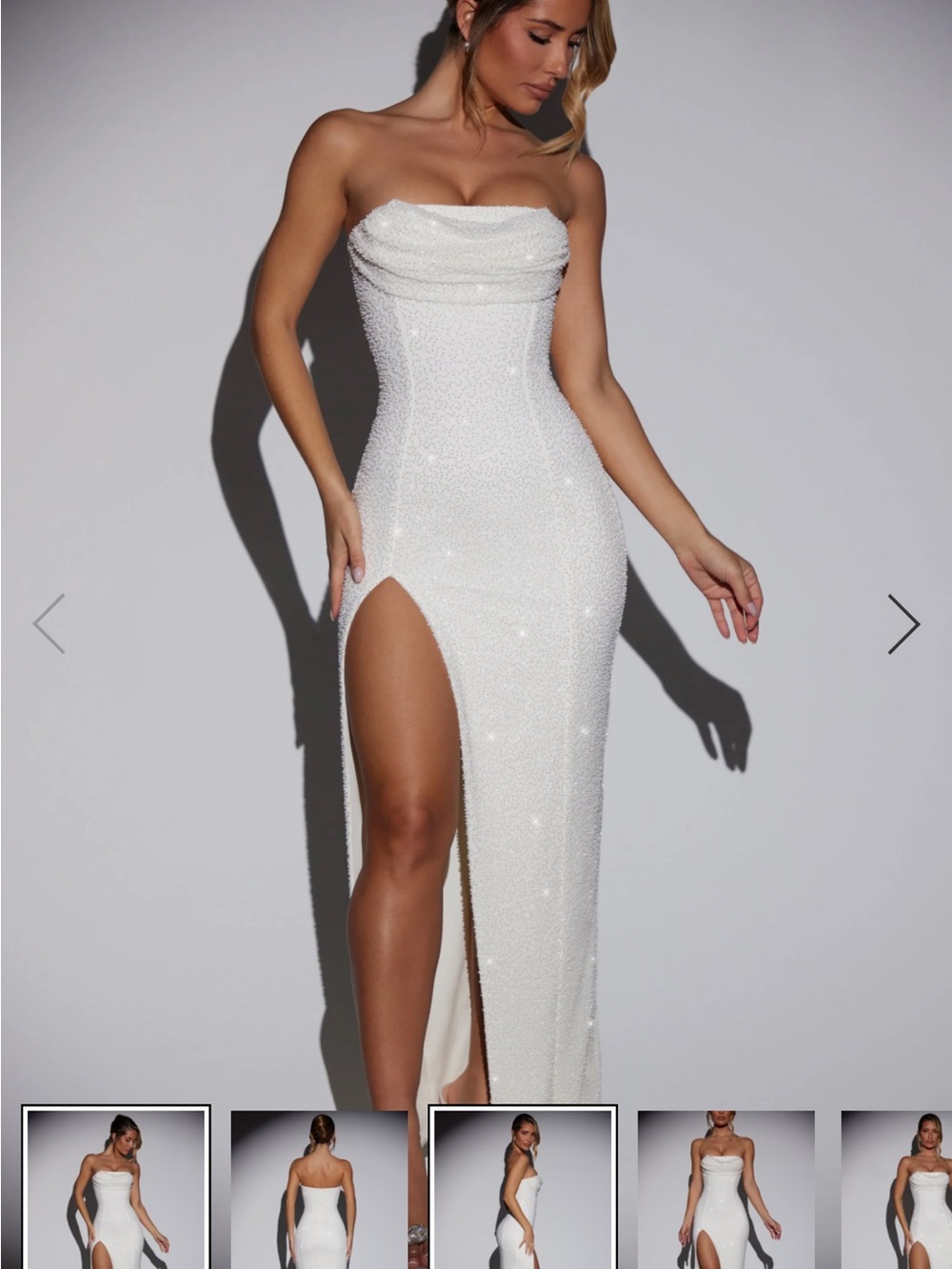 Oh Polly White Strapless Sequin High-Slit Gown